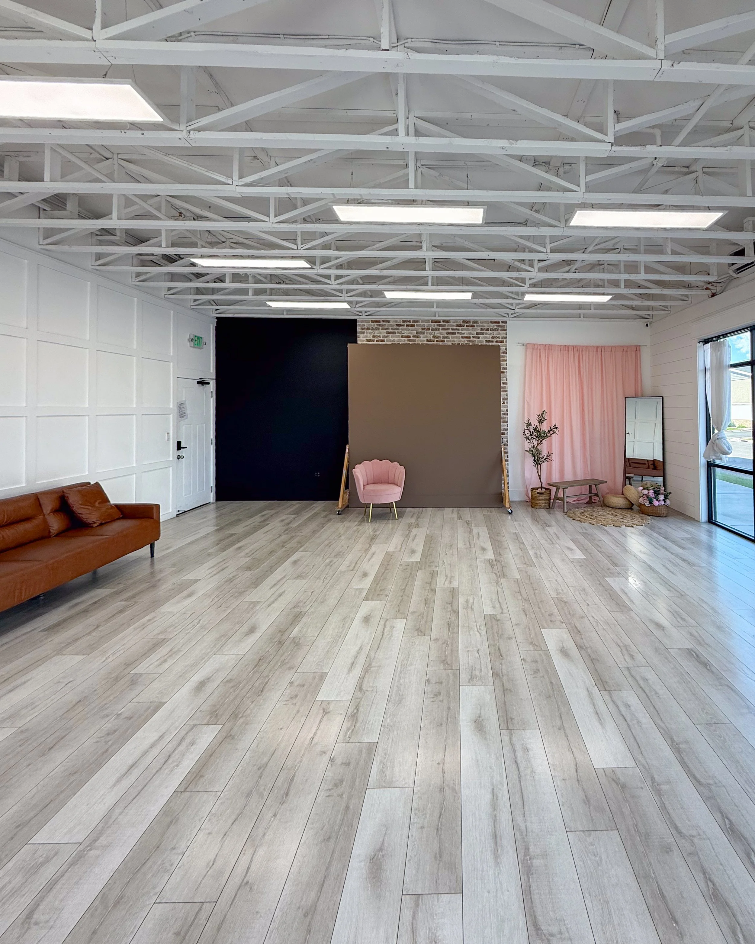A large bright room with various fabric and brick backdrops, two couches, potted plants, and large windows with lots of natural light