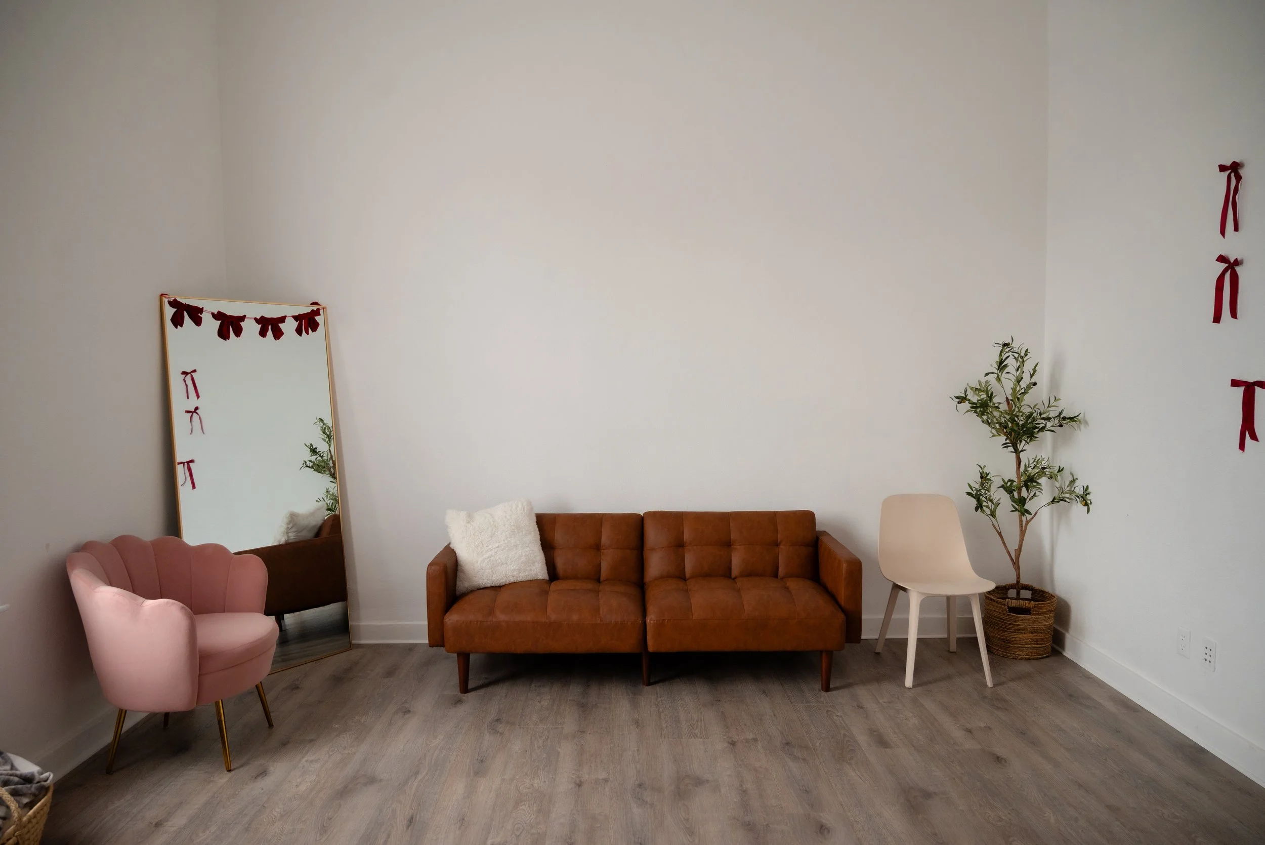 A professional looking studio space with a leather couch, throw blankets, pillows, full length mirror, and potted plants.