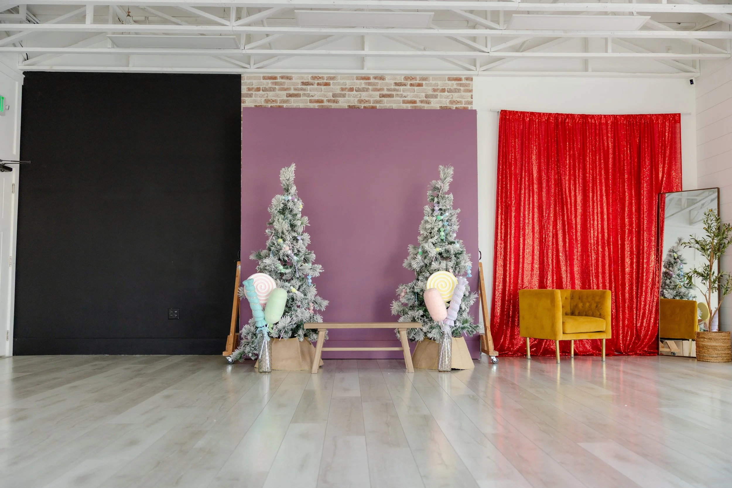 A large bright room with various fabric and brick backdrops, two couches, potted plants, and large windows with lots of natural light
