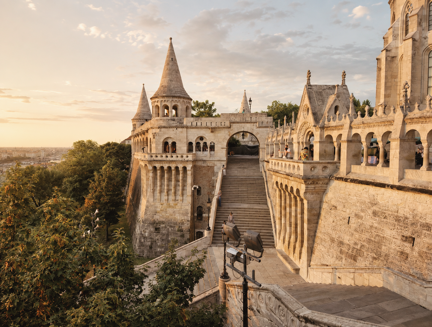Fisherman’s Bastion and Matthias Church in Budapest, Hungary, featuring neo-Romanesque terraces, Gothic architecture, and panoramic Danube views.
