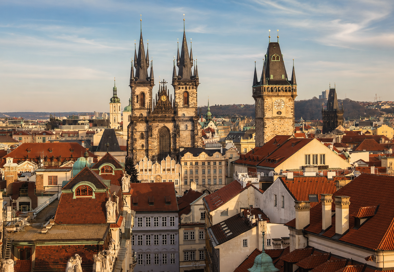 Historic Old Town Prague, Czech Republic, featuring the Church of Our Lady before Týn, Old Town Hall tower, and red-tiled rooftops across the city center.