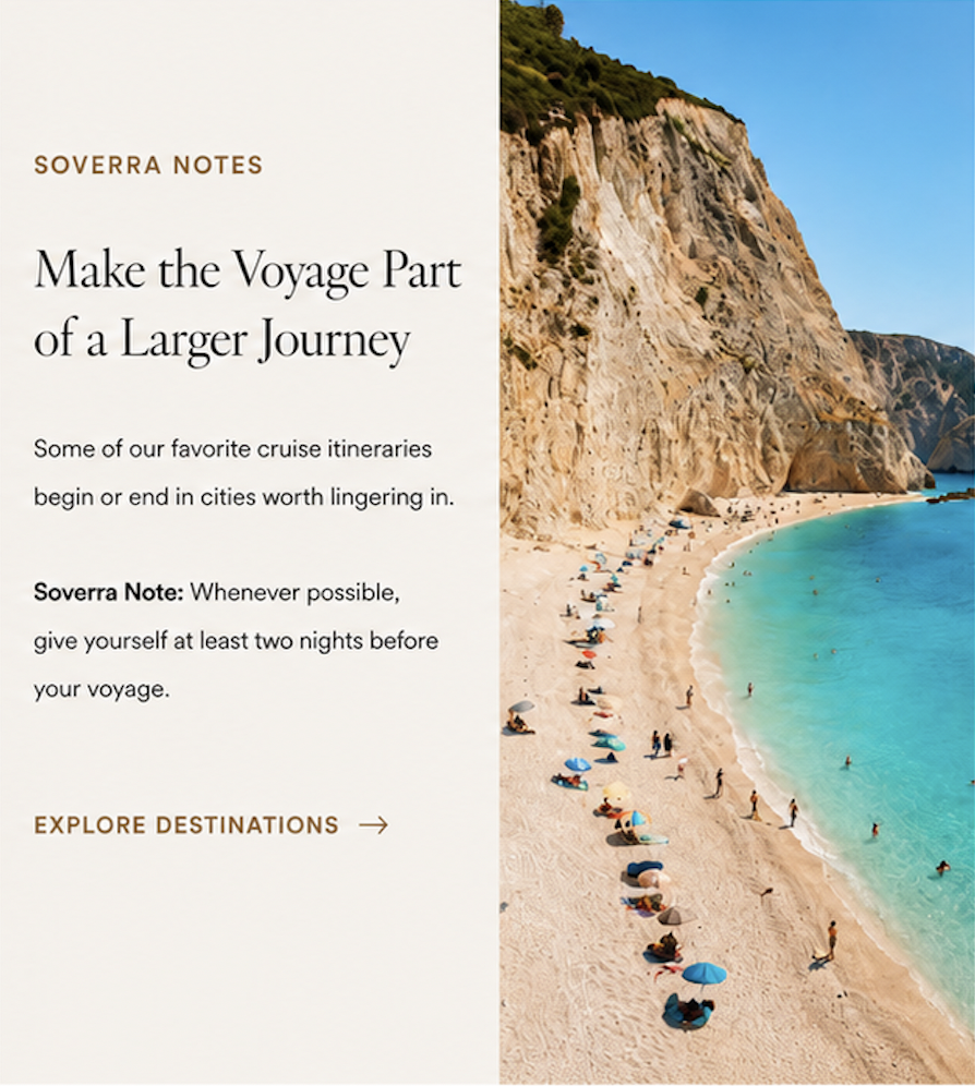 Soverra luxury cruise travel guide featuring a Mediterranean beach and dramatic coastal cliffs with advice for extending your voyage into a longer journey.