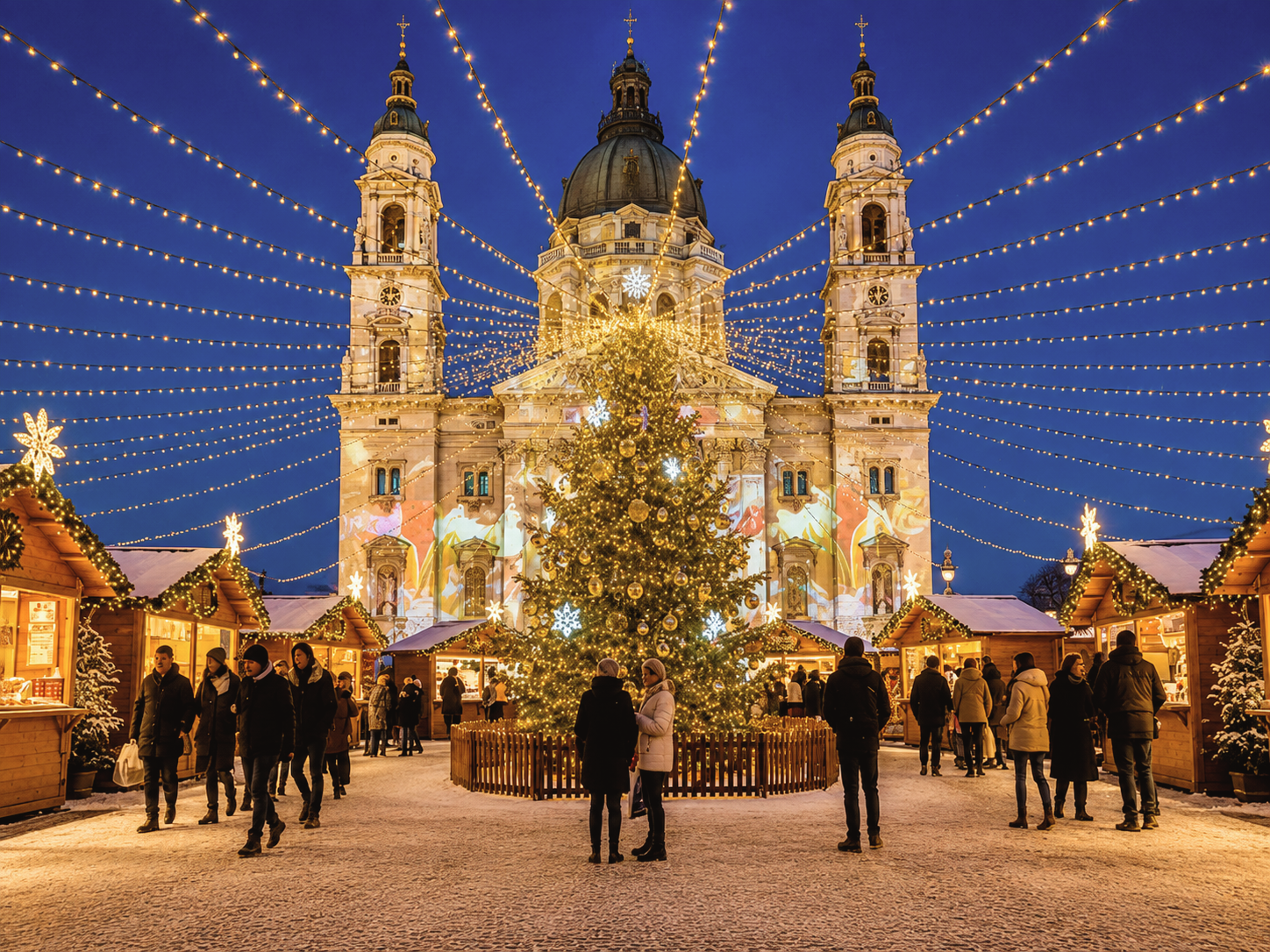 Budapest, Hungary, at Christmas with festive market stalls, illuminated historic architecture, seasonal decorations, and traditional holiday atmosphere.