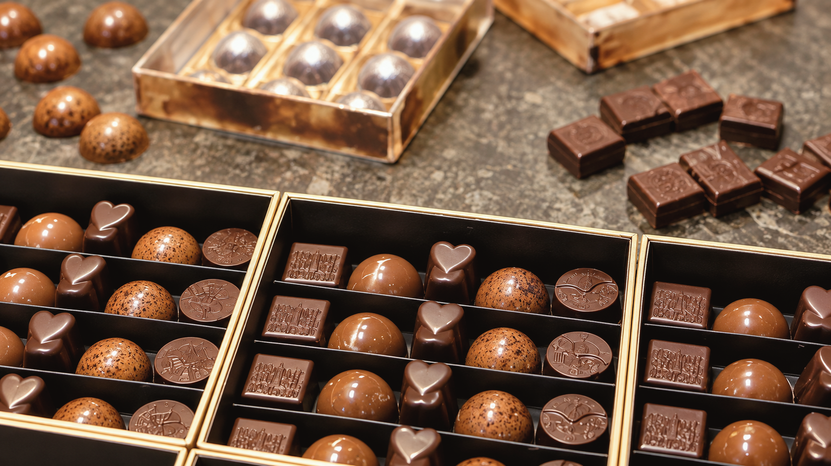 Artisan Belgian chocolates arranged for a chocolate tasting experience in Brussels
