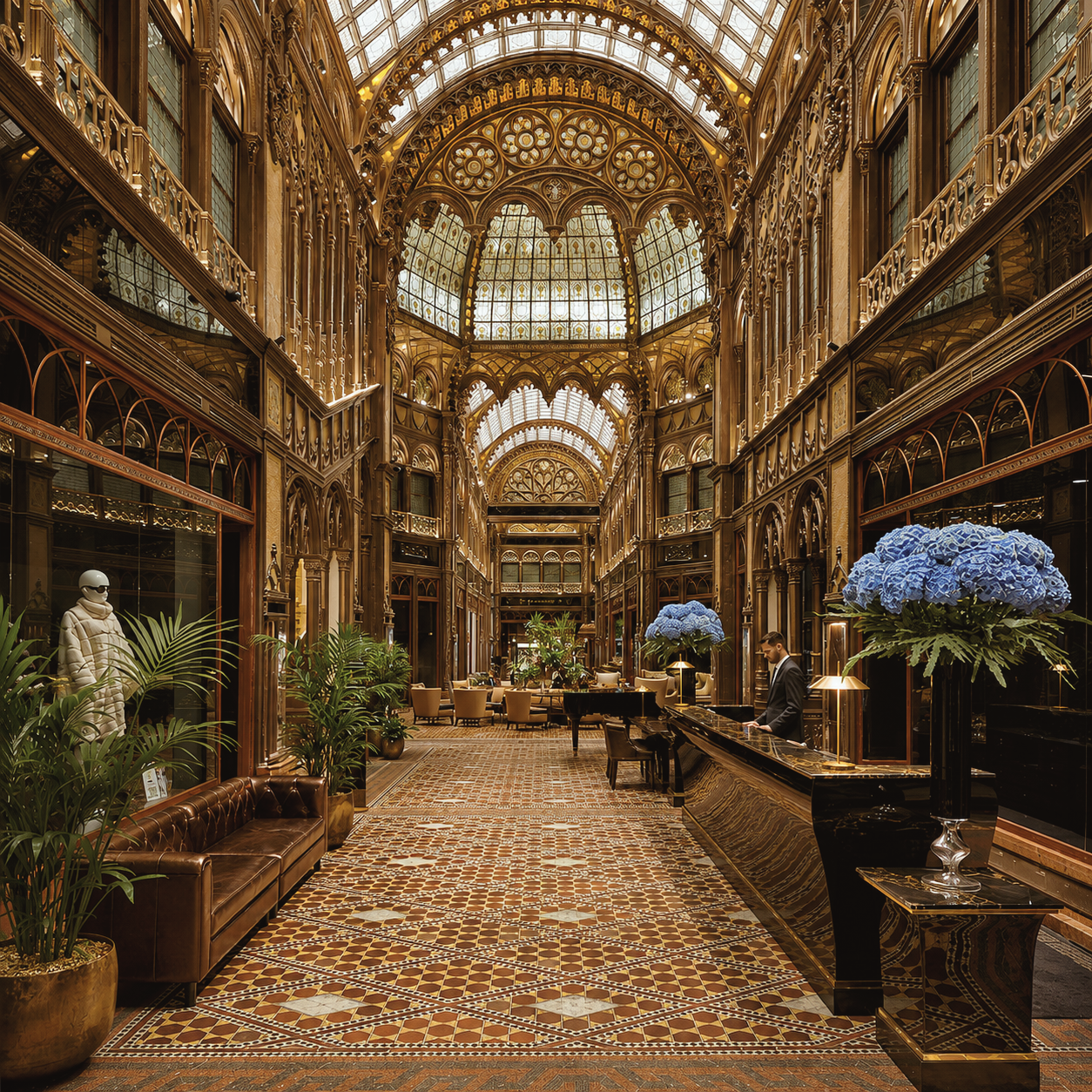 Párisi Udvar Hotel in Budapest, Hungary, featuring an ornate historic interior with Art Nouveau, Gothic, and Moorish architectural details.