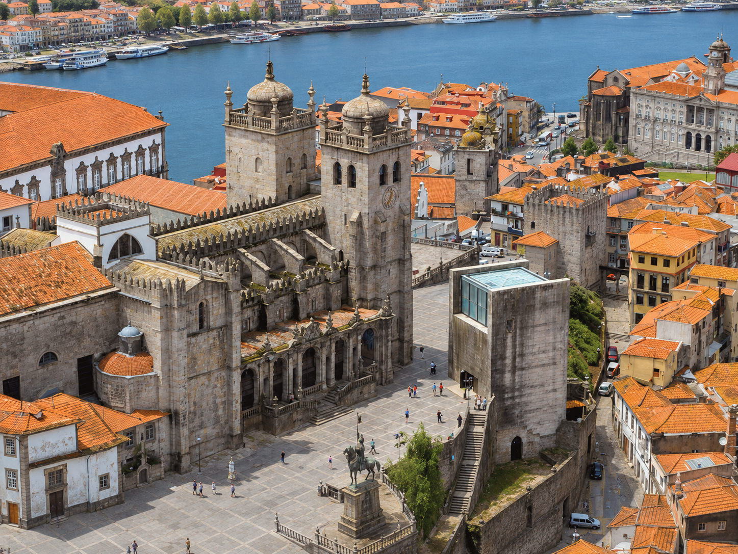Aerial view of Porto Cathedral in Porto, Portugal, surrounded by historic terracotta rooftops and overlooking the Douro River and old city center.