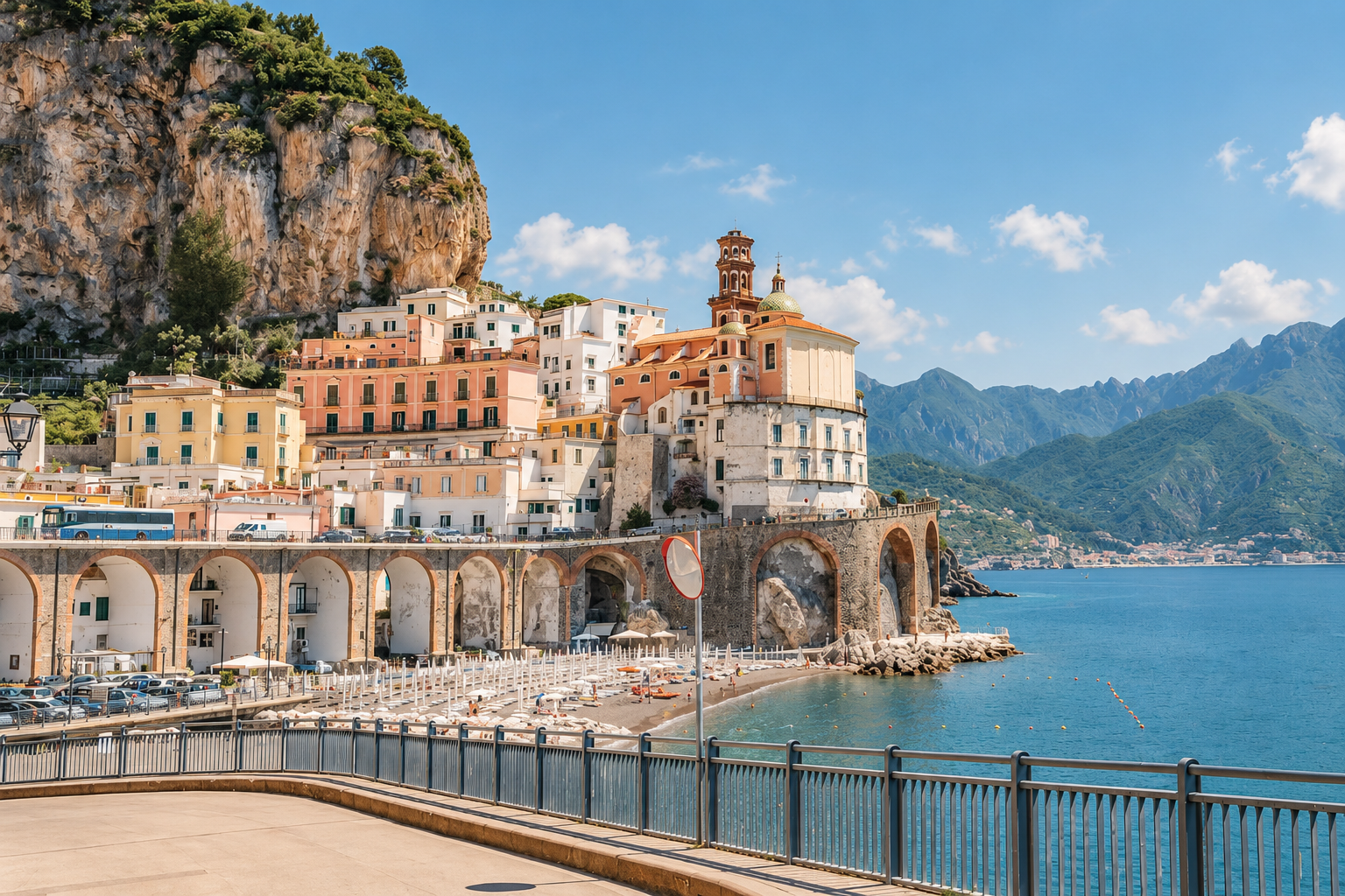 Amalfi Coast in Italy with colorful cliffside buildings, historic architecture, a Mediterranean beach, and blue sea framed by dramatic coastal mountains.