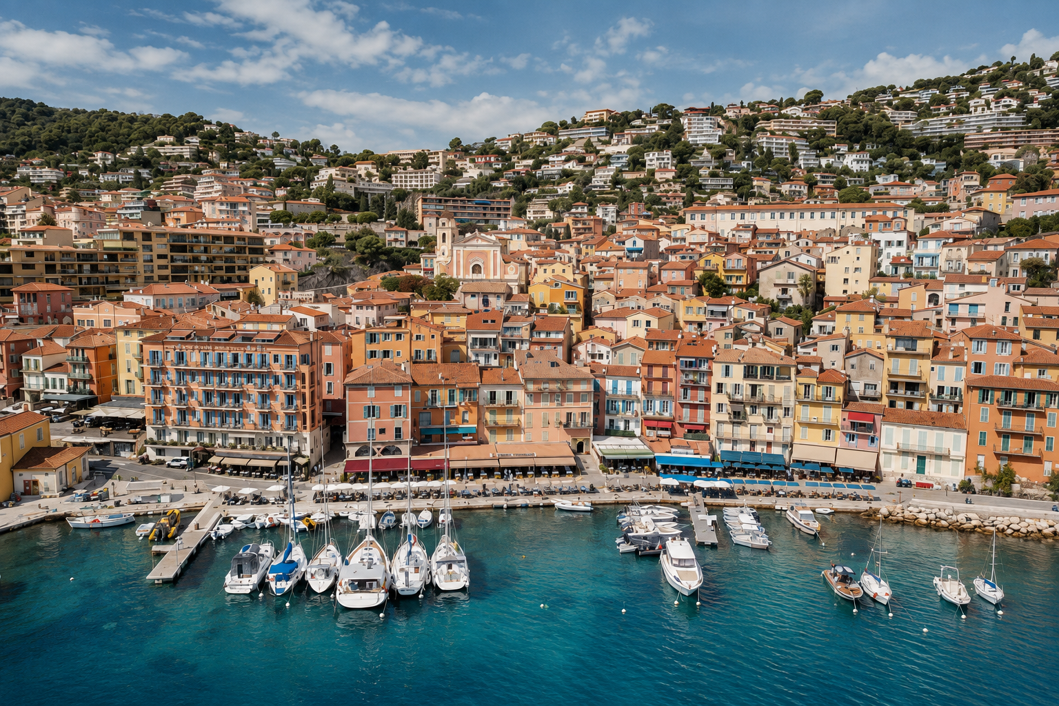 Colorful waterfront buildings and marina in Villefranche-sur-Mer, France, with sailboats along the Mediterranean coast of the French Riviera.