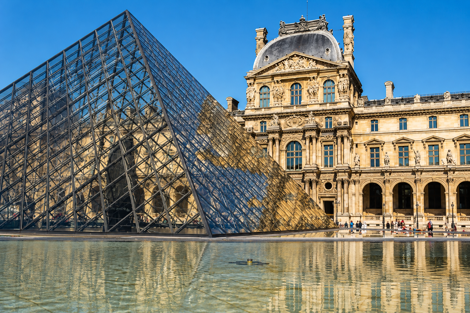 Louvre Museum glass pyramid in Paris, France, with the historic Louvre Palace and reflecting pool under a clear blue sky.
