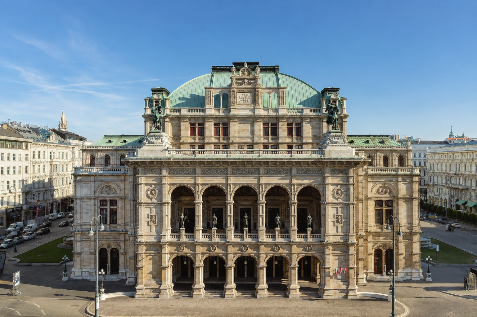 Vienna State Opera illuminated in the evening in the historic center of Vienna