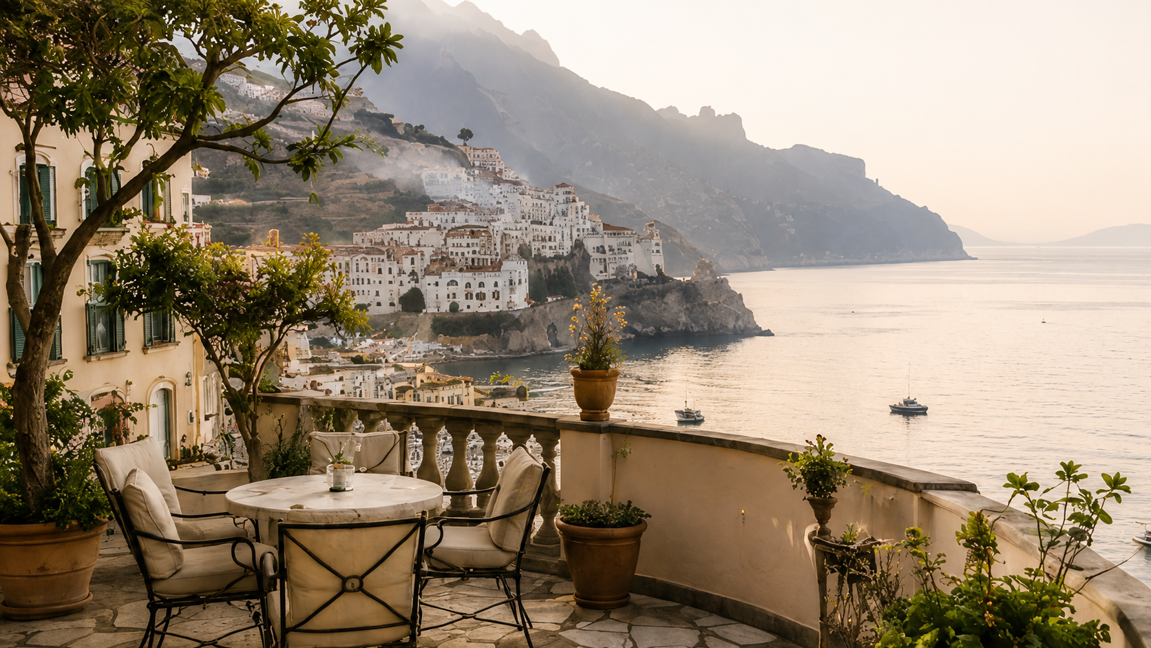 Luxury terrace overlooking the Amalfi Coast in Italy with cliffside villages, Mediterranean Sea views, and boats along the scenic coastline.