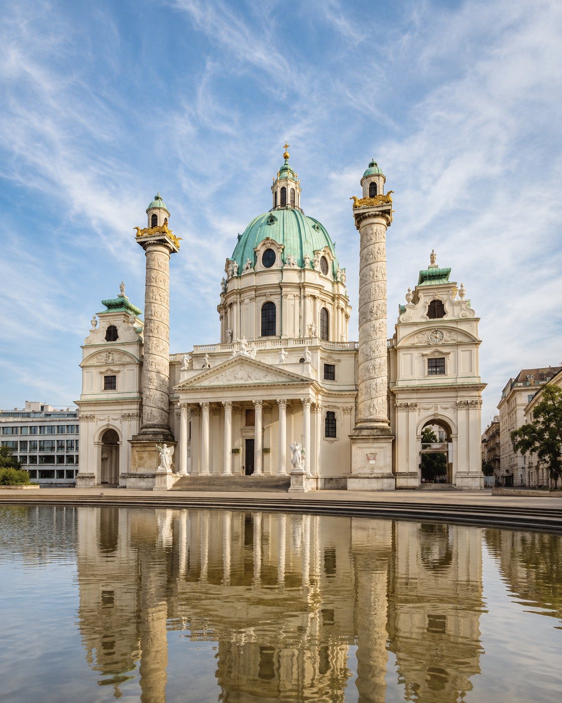 Karlskirche reflected in the pool outside St. Charles Church in Vienna