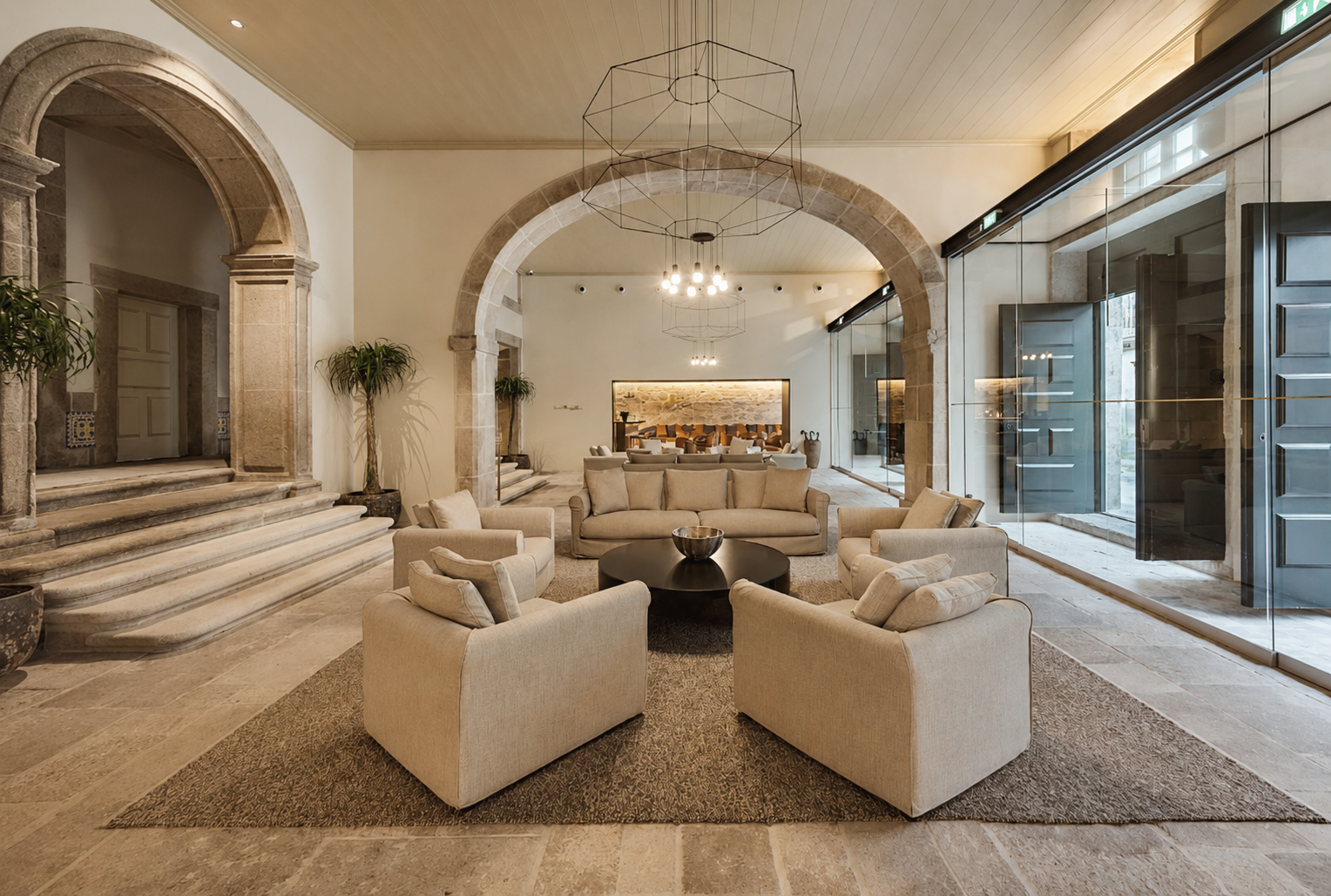 PortoBay Flores luxury hotel in Porto, Portugal, featuring an elegant lobby with historic stone arches, contemporary seating, and refined Portuguese design.