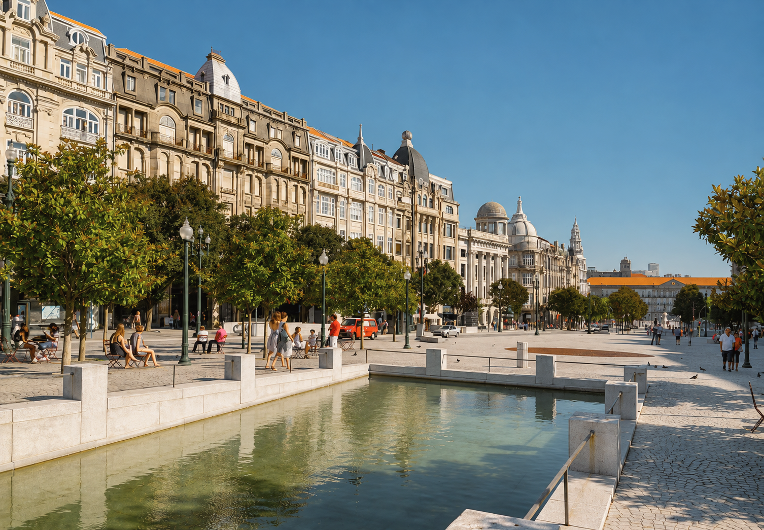 Baixa district in Porto, Portugal, with grand historic architecture, a landscaped public square, reflecting pool, and tree-lined pedestrian streets.