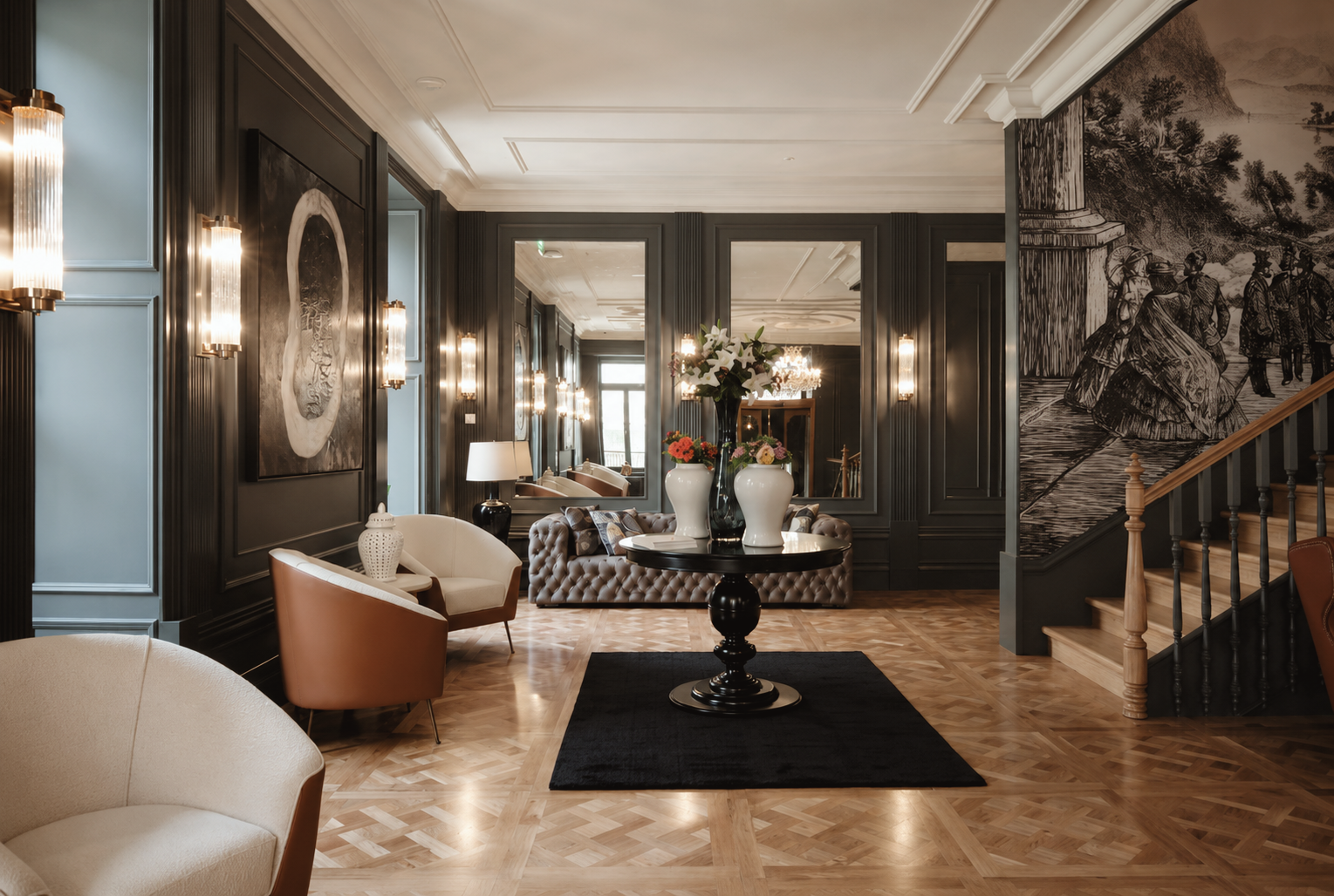 GA Palace luxury hotel in Porto, Portugal, featuring an elegant interior lounge with refined furnishings, historic details, and sophisticated contemporary design.