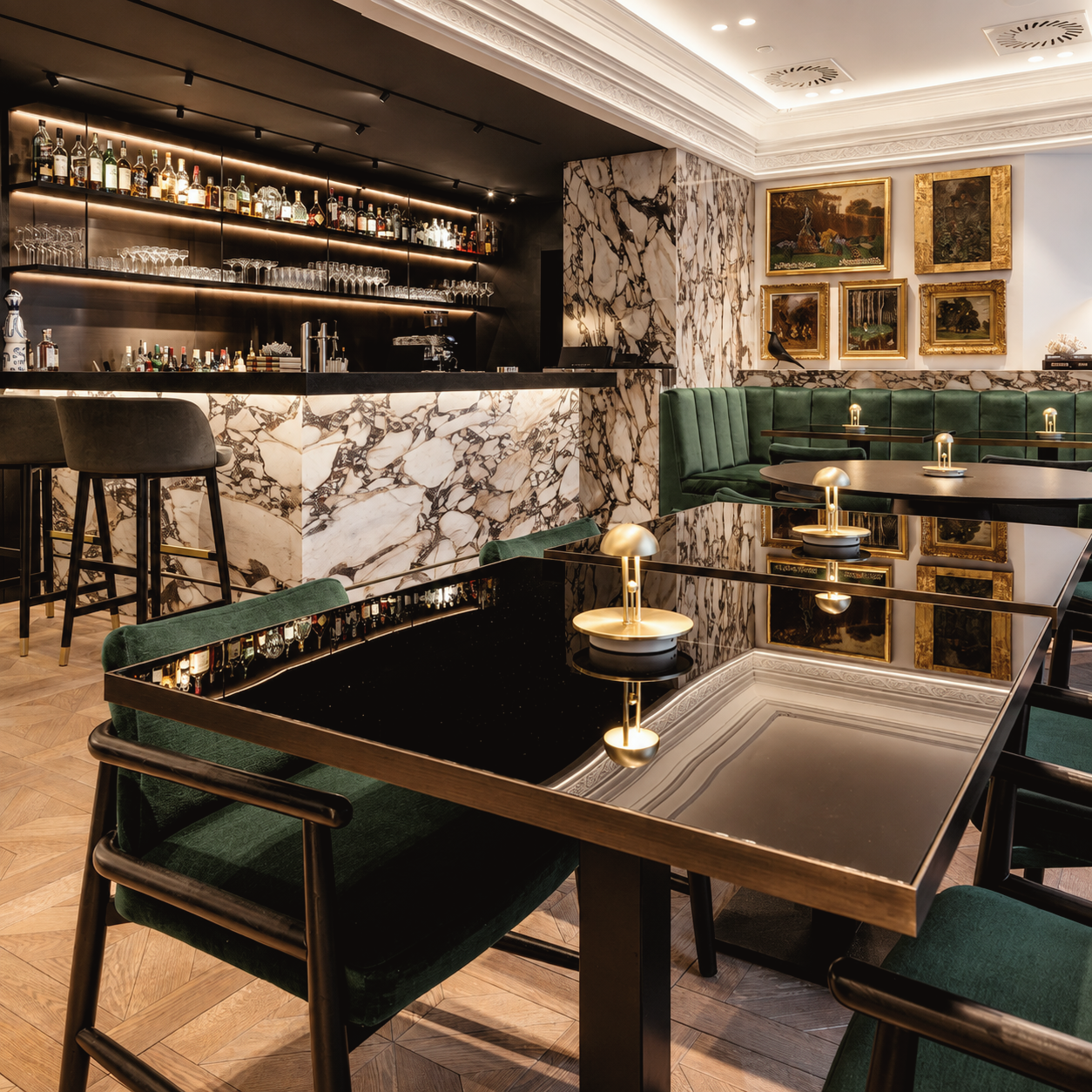 Contemporary marble bar and lounge inside The Amauris luxury hotel in Vienna