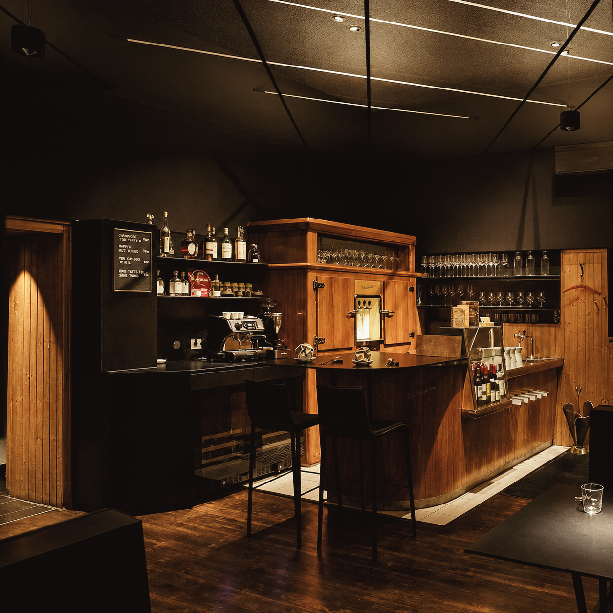 Intimate wood-paneled interior at Pramerl & the Wolf restaurant in Vienna