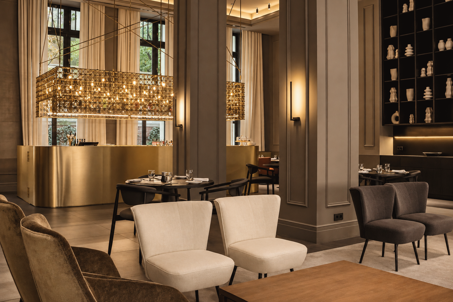 Elegant lounge and dining interior at Kozmo Hotel Suites & Spa in Budapest, Hungary, featuring warm neutral tones, contemporary seating, brass accents, and statement lighting.