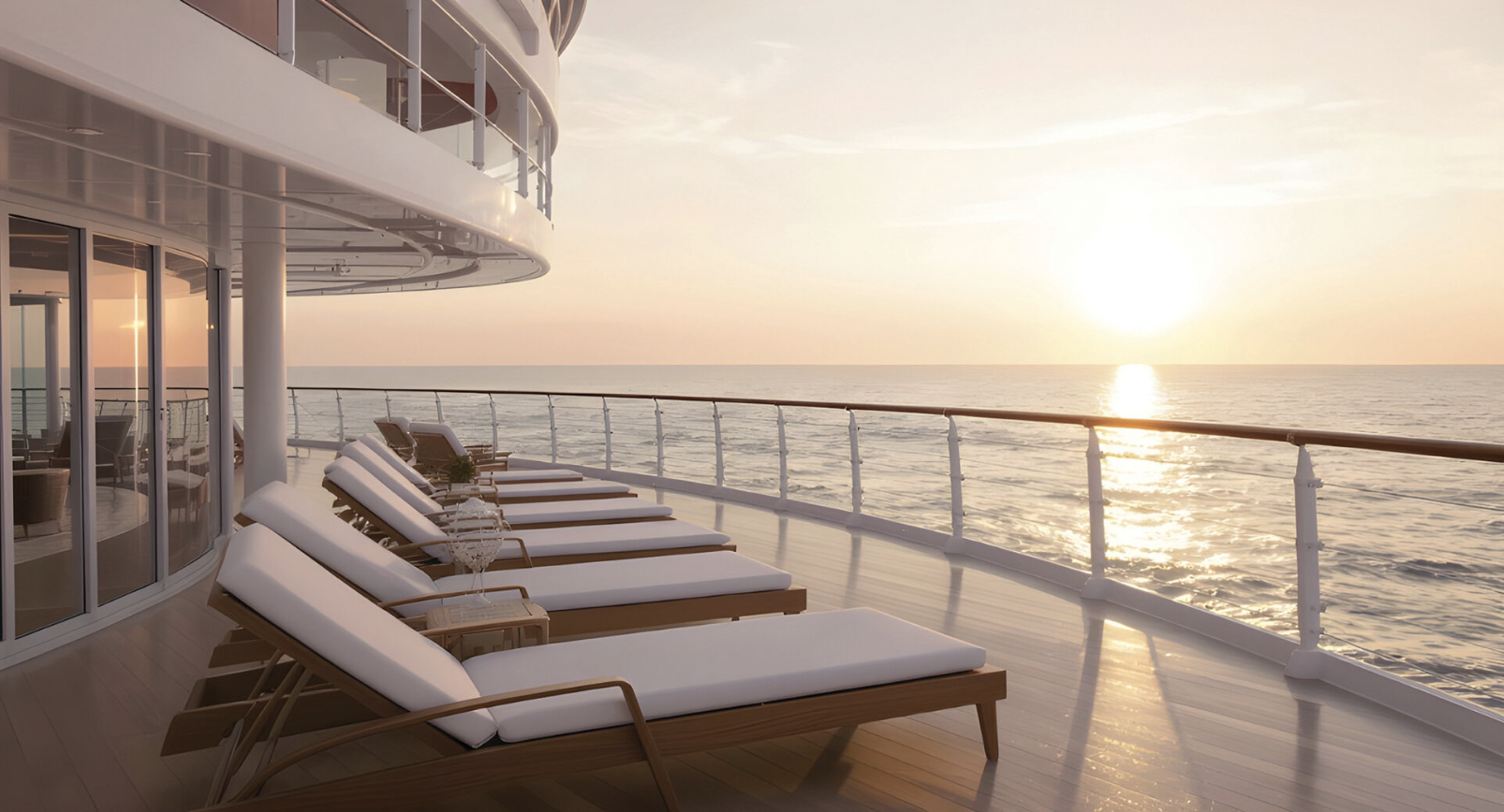 Luxury cruise ship sun deck with lounge chairs overlooking the ocean at sunset, showcasing an elegant and relaxing cruise travel experience.