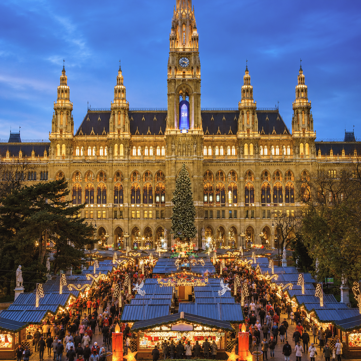 Festive Christmas market at Rathausplatz in Vienna with illuminated holiday decorations