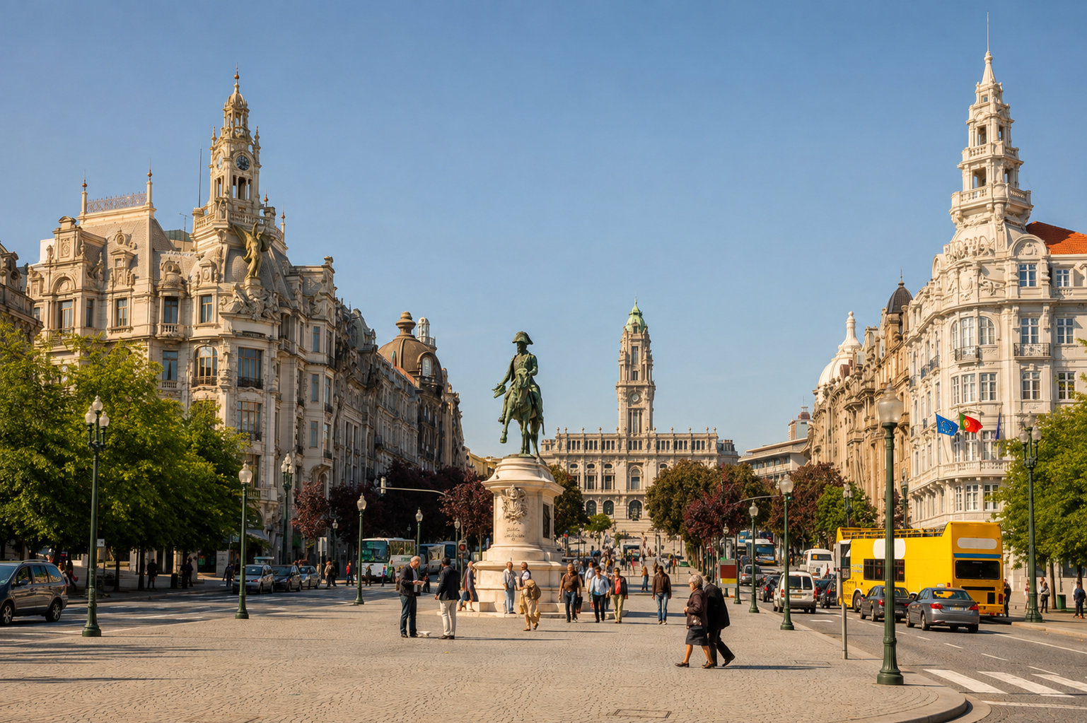 Praça da Liberdade in Porto, Portugal, with the equestrian statue of Dom Pedro IV and ornate historic architecture along Avenida dos Aliados.