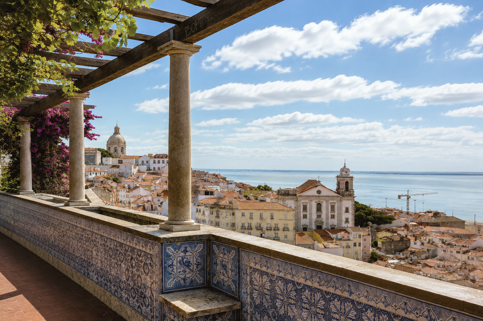 Miradouro de Santa Luzia in Lisbon, Portugal, with blue azulejo tiles, flowering pergola, Alfama rooftops, the National Pantheon, and Tagus River views.