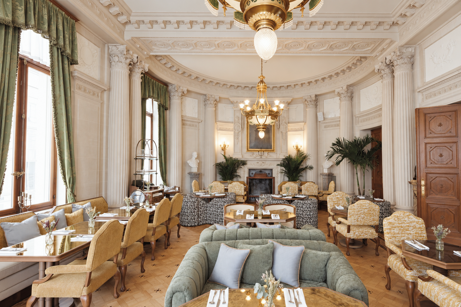 Elegant dining room at Hotel Fleur de Ville in Brussels, Belgium, featuring ornate neoclassical architecture, a grand chandelier, velvet seating, and refined historic details.