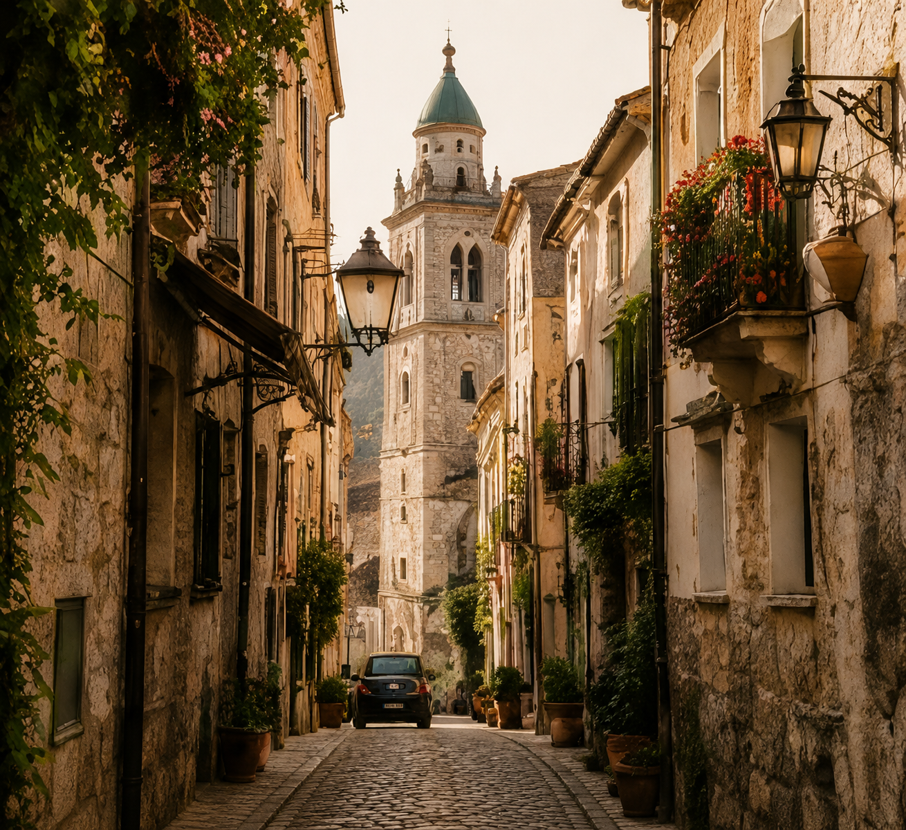 Charming historic European village with cobblestone streets, stone architecture, flower-filled balconies, and a picturesque church tower.