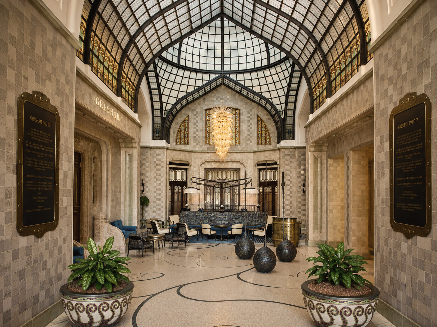 Four Seasons Hotel Gresham Palace in Budapest, Hungary, featuring iconic Art Nouveau architecture near the Danube River and Chain Bridge.
