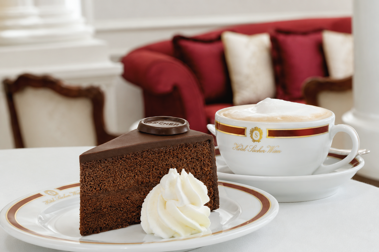 Traditional Original Sacher-Torte served with coffee at Hotel Sacher Wien