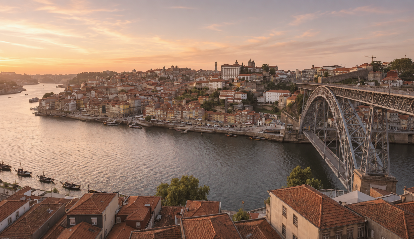 Sunset from Jardim do Morro in Porto, Portugal, overlooking the Douro River, Ribeira waterfront, and Dom Luís I Bridge glowing in the evening light.