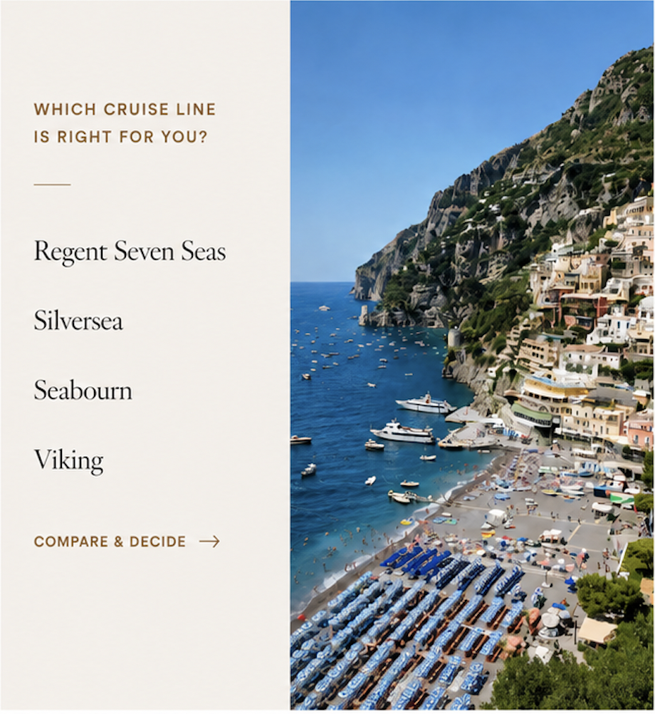 Luxury cruise line comparison featuring Regent Seven Seas, Silversea, Seabourn, and Viking alongside the scenic Positano coastline in Italy.