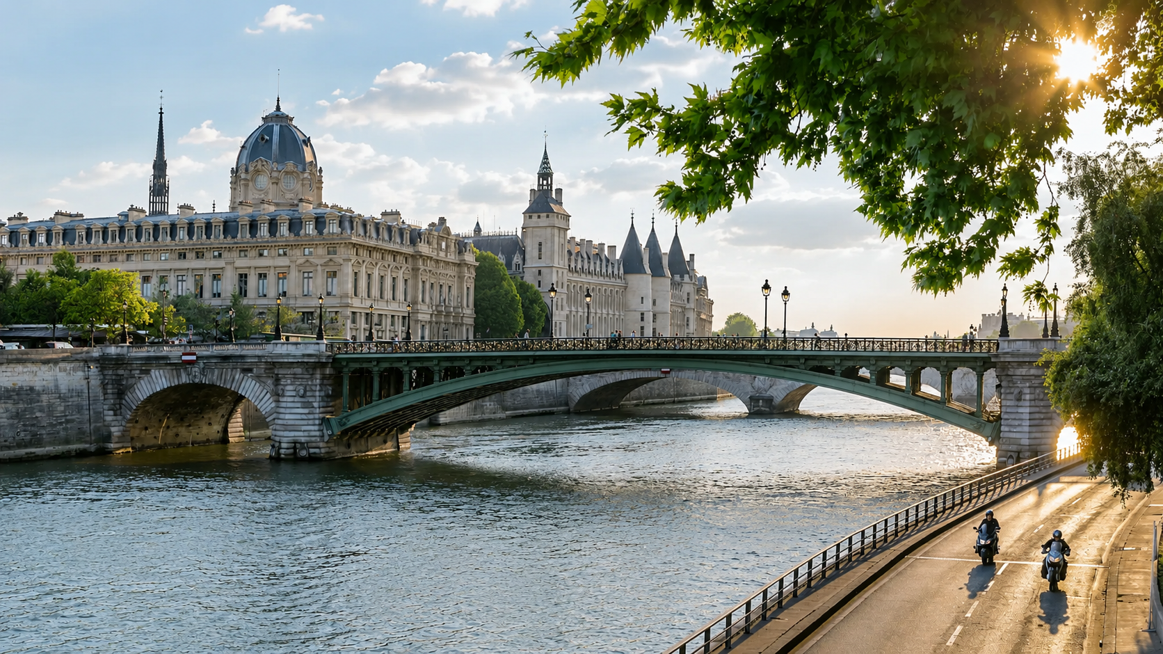 Seine River in Paris, France, with an elegant historic bridge and classic Parisian architecture along the Île de la Cité waterfront.