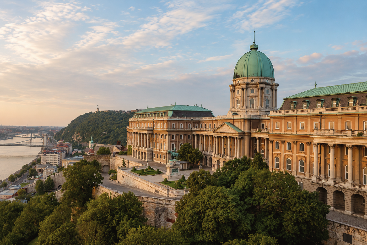 Buda Castle in Budapest, Hungary, overlooking the Danube River from Castle Hill with historic palace architecture and panoramic city views.