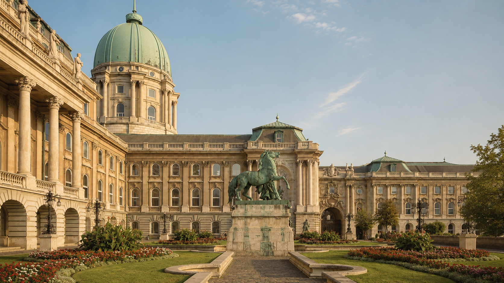 Castle District in Budapest, Hungary, with historic architecture, cobblestone streets, Buda Castle, and views across the Danube toward Pest.