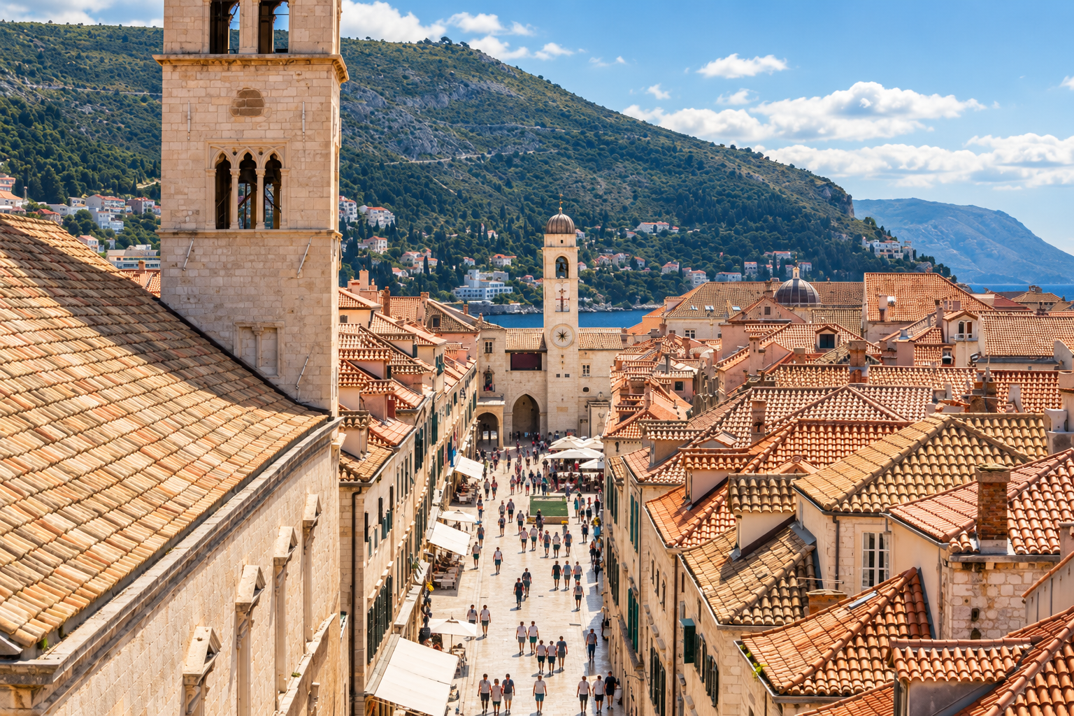 Historic Old Town of Dubrovnik, Croatia, featuring terracotta rooftops, limestone architecture, the Stradun, and the Adriatic coastline.
