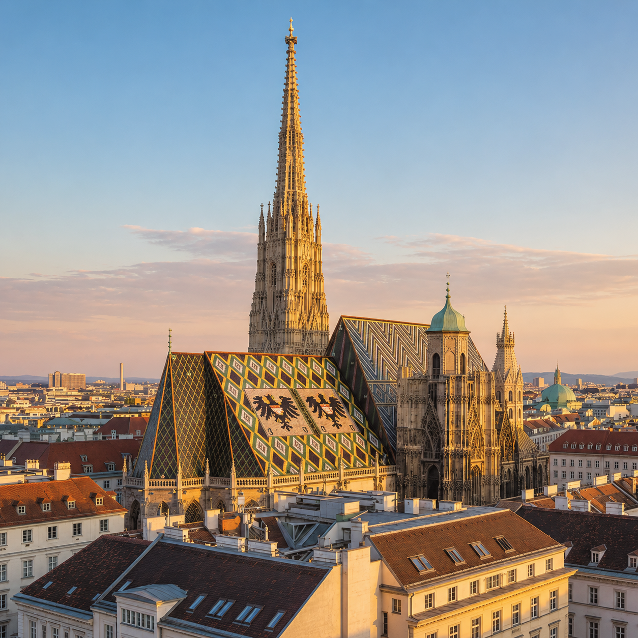 St. Stephen’s Cathedral illuminated by golden evening light in central Vienna
