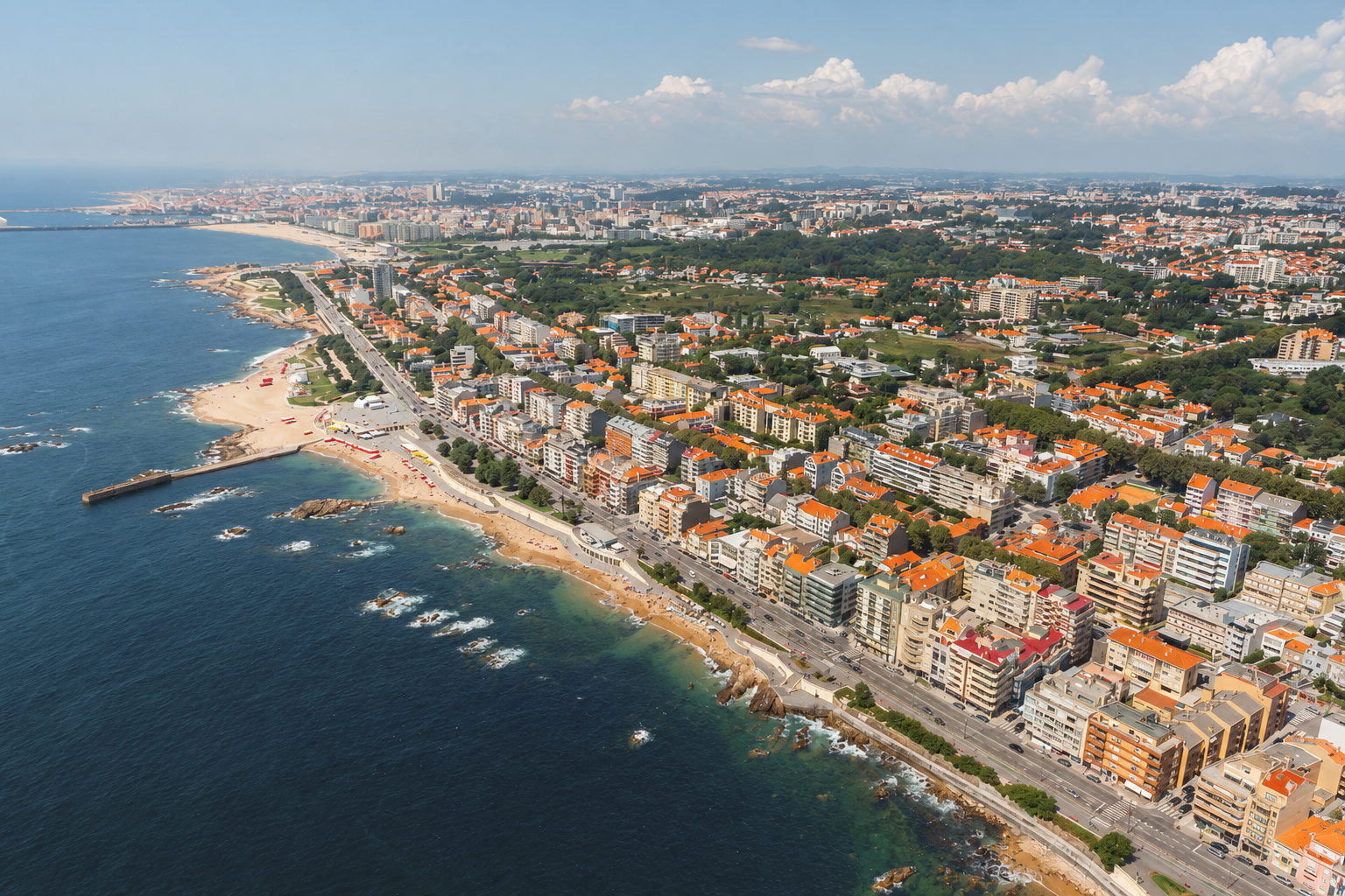 Aerial view of Foz do Douro in Porto, Portugal, with Atlantic coastline, beaches, waterfront buildings, and the seaside promenade.