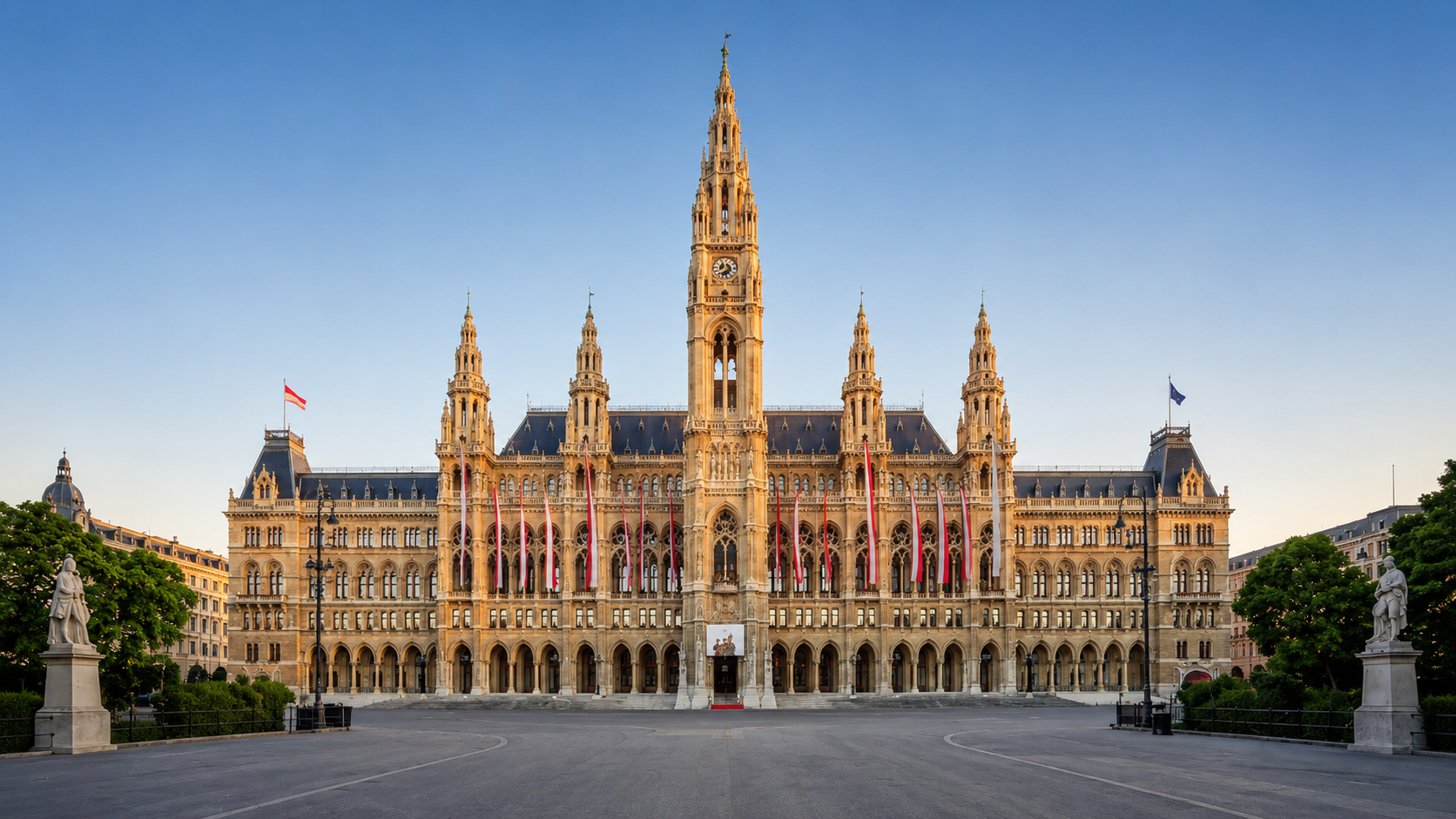 Vienna City Hall, or Rathaus, showcasing its Gothic architecture in the heart of Vienna