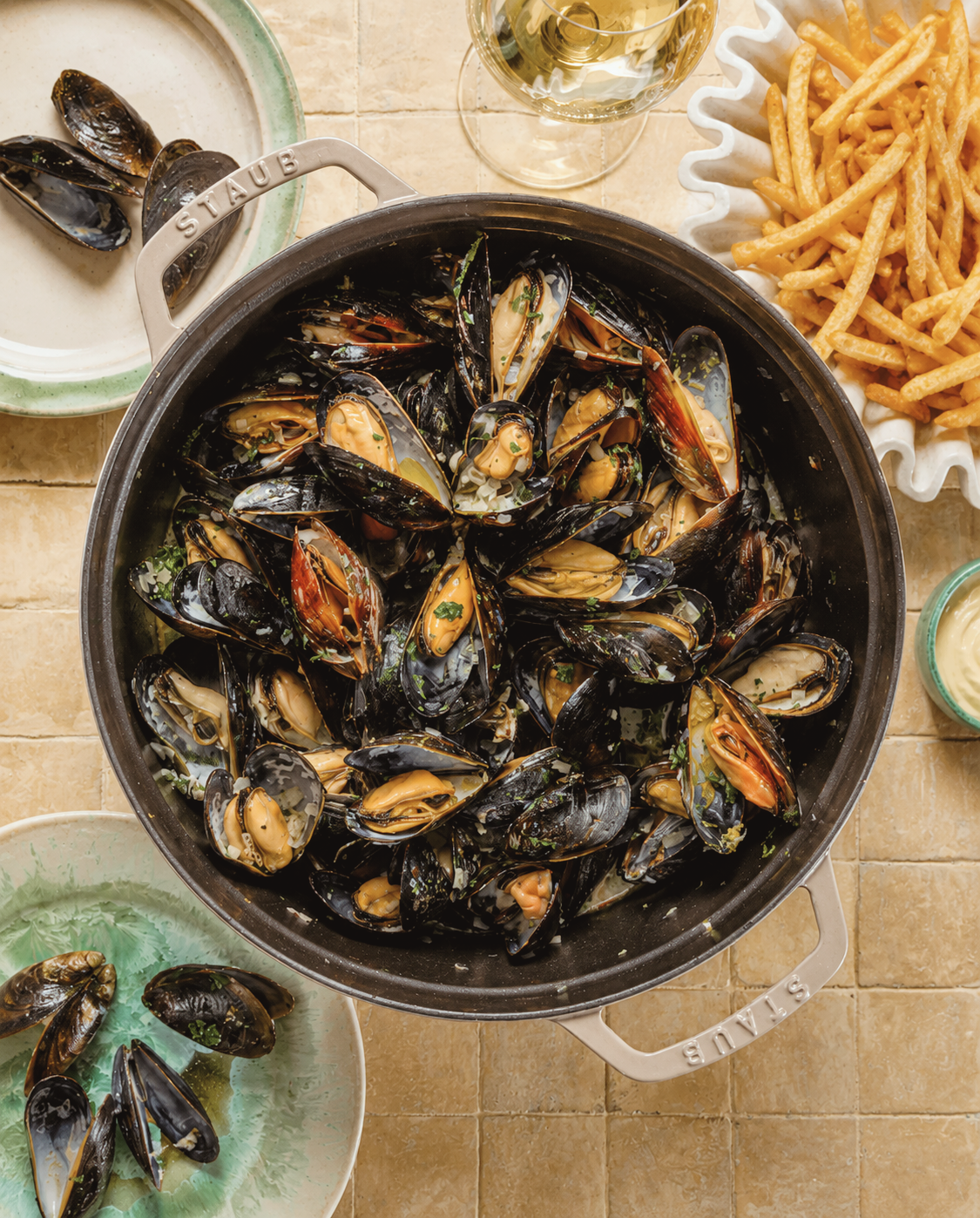 Traditional Belgian moules-frites with mussels and fries served in Brussels