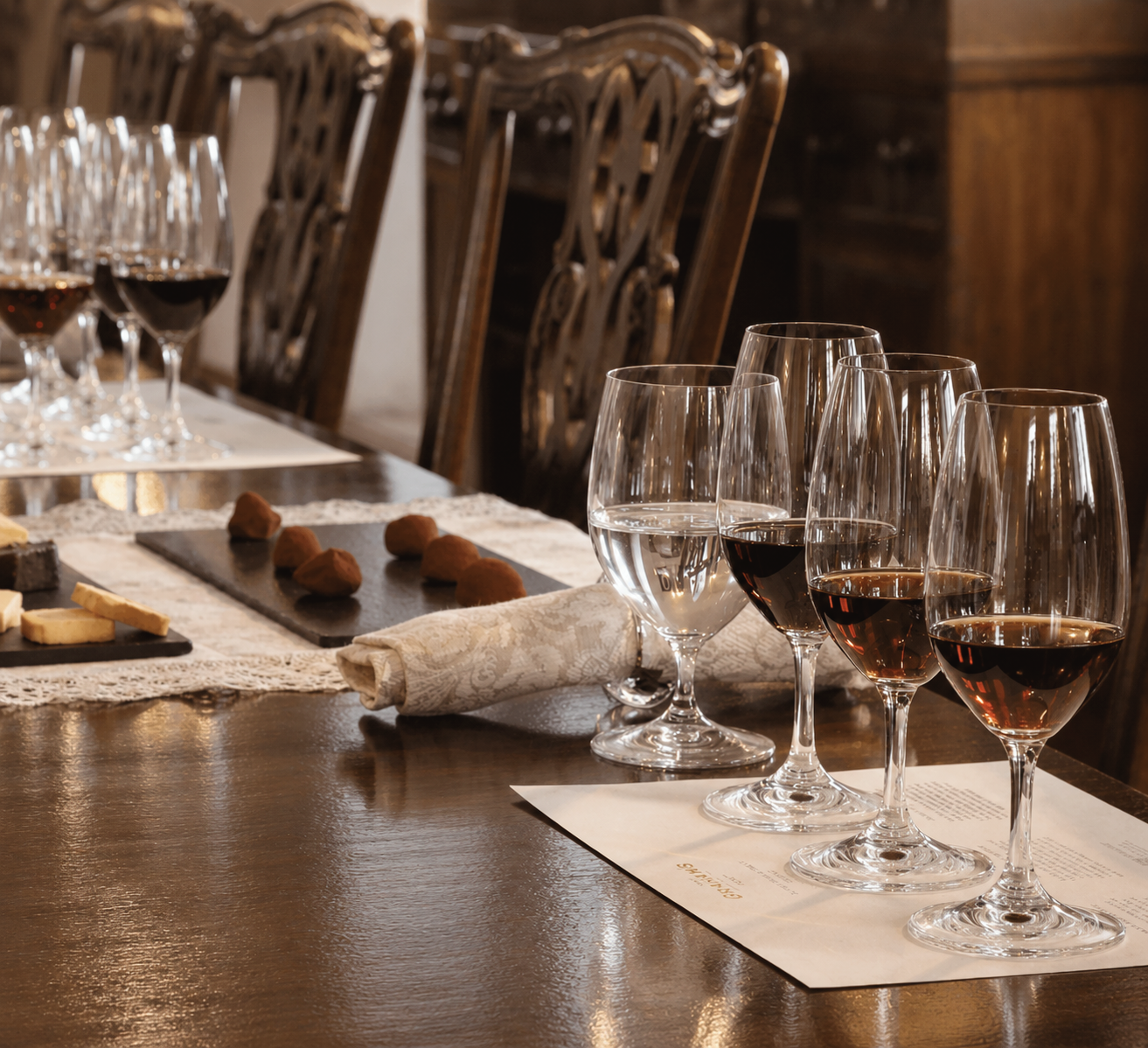 Private port wine tasting at Graham’s Port Lodge in Porto, Portugal, featuring glasses of aged port paired with artisanal bites in an elegant tasting room.