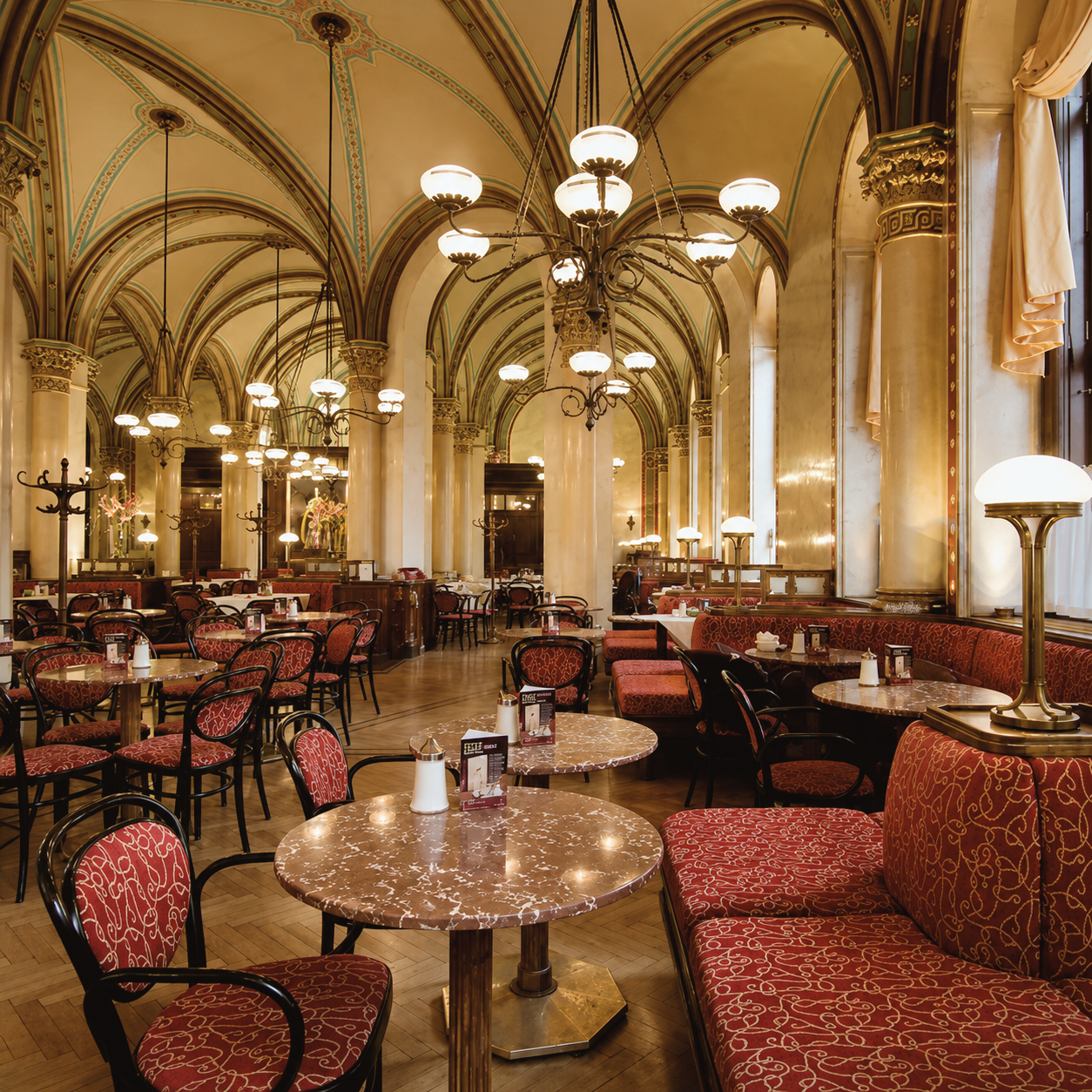 Elegant historic interior of Café Central, one of Vienna’s celebrated traditional coffeehouses