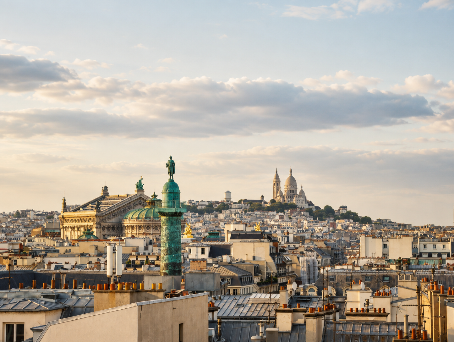 Paris, France cityscape featuring the Vendôme Column, Palais Garnier opera house, and Sacré-Cœur Basilica rising above Montmartre in the distance.