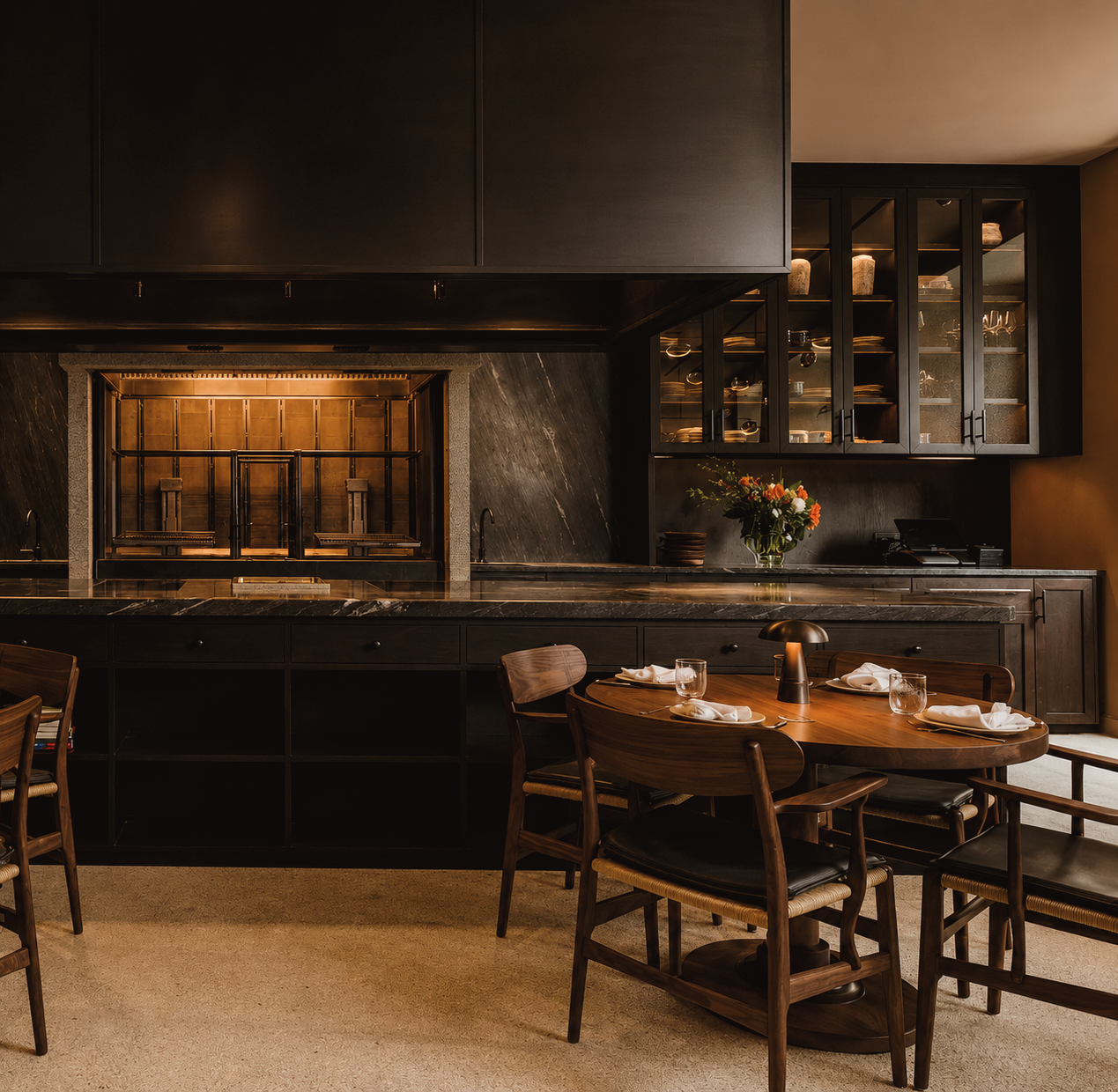 Cozinha das Flores restaurant in Porto, Portugal, featuring an intimate dining room with warm lighting, dark wood interiors, and a contemporary Portuguese atmosphere.