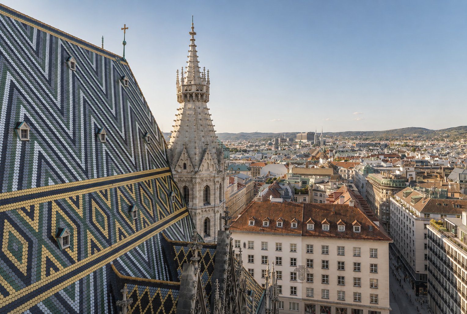 St. Stephen’s Cathedral rising above the historic rooftops and skyline of Vienna, Austria