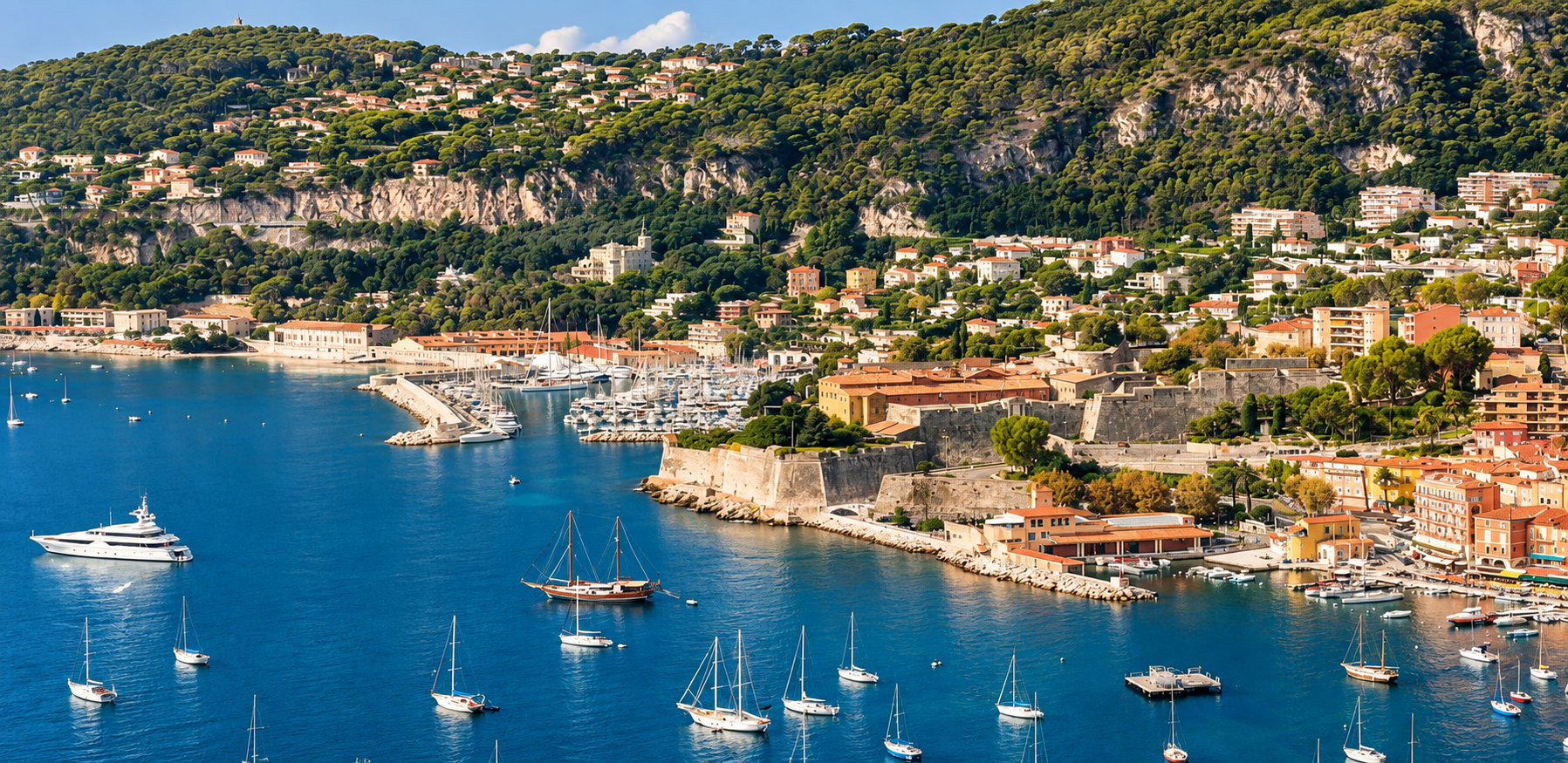 Mediterranean Sea along the French Riviera, featuring blue coastal waters, sailboats, a marina, and a hillside town on the Côte d’Azur.