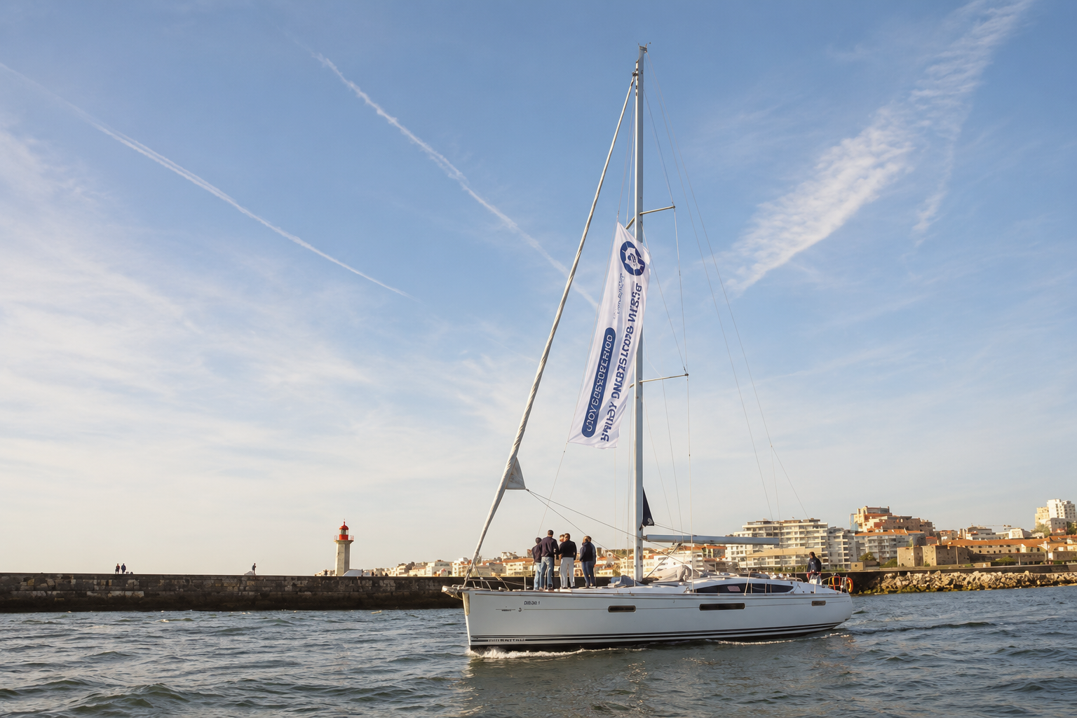 Private sailboat cruising the Douro River in Porto, Portugal, with the city waterfront and blue sky in the background.