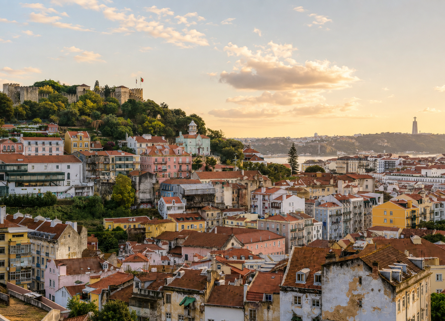 Historic Lisbon, Portugal, with colorful hillside buildings, terracotta rooftops, and Castelo de São Jorge overlooking the city at golden hour.