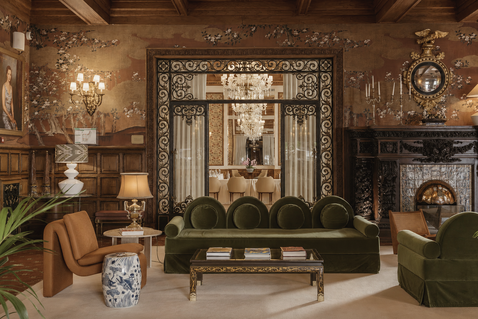 Infante Sagres luxury hotel in Porto, Portugal, featuring an elegant historic lounge with rich wood paneling, velvet seating, ornate décor, and classic Portuguese style.