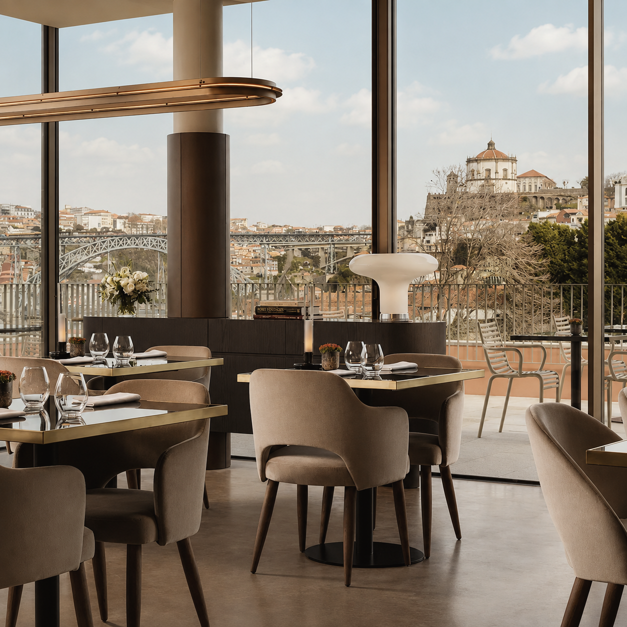 1638 Restaurant in Porto, Portugal, featuring an elegant contemporary dining room with floor-to-ceiling windows and panoramic views over the city.